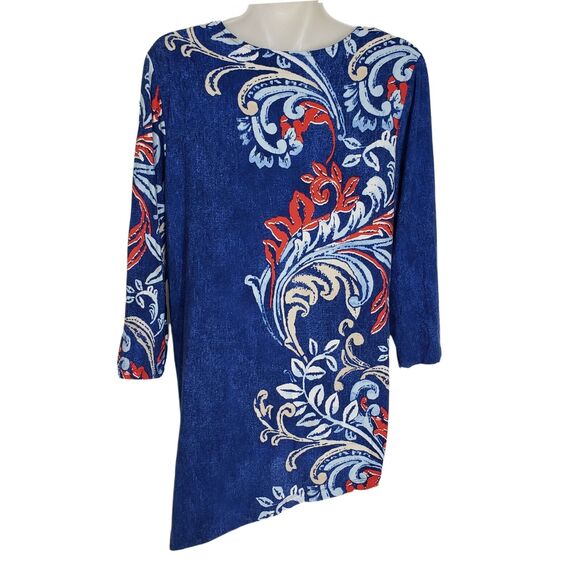 Chico's Womens Top Size 0 Small Tunic Boheme Scrolls Asymmetrical V Neck 3/4 Slv - Picture 2 of 10